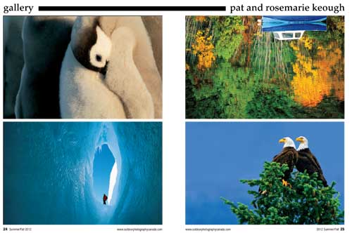 Pat and Rosemarie Keough photos of emperor penguin chicks, bald eagles in fir tree, person standing in a crevass in an iceberg, and a reflection of a blue boat and trees, all from article in Outdoor Photographer Canada about the Keoughs tomes ANTARCTICA and LABYRINTH SUBLIME: THE INSIDE PASSAGE