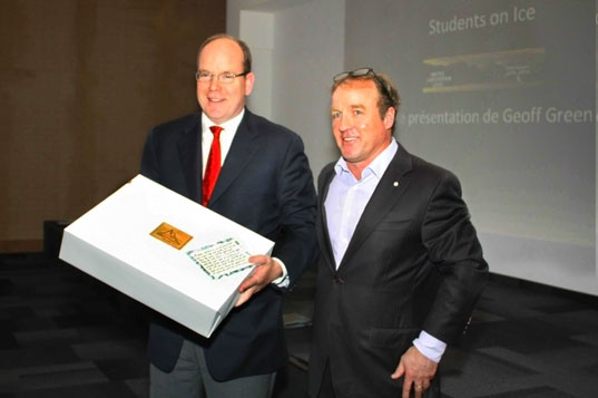 HSH Prince Albert II of Monaco is presented a copy of Pat and Rosemarie Keough's tome ANTARCTICA. Presentation by Geoff Green, Founder of Students on Ice