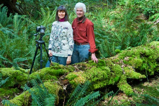 Pat and Rosemarie Keough and moss covered nurse log